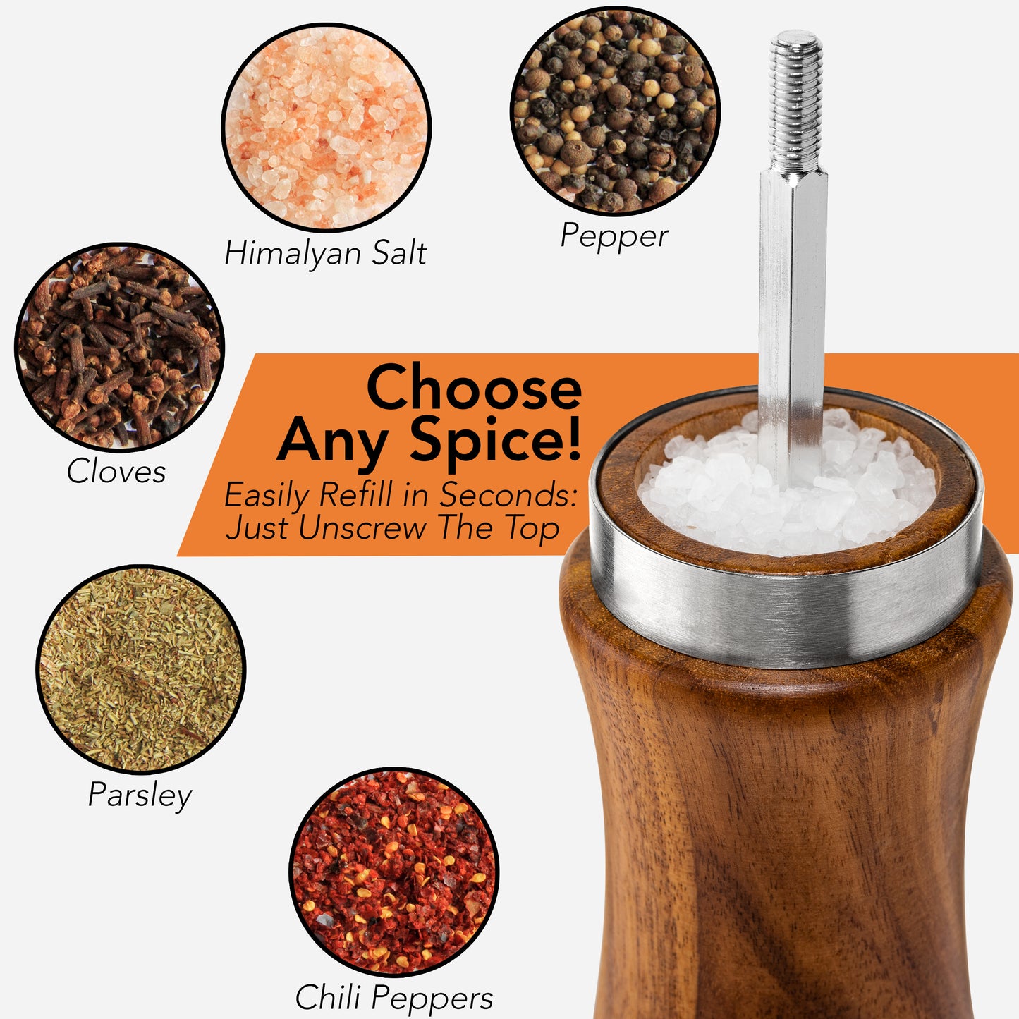 Wooden Salt and Pepper Grinder Set - Crafted of Solid Acacia Wood with Ceramic/Stainless Steel Core, 8 Inches Each