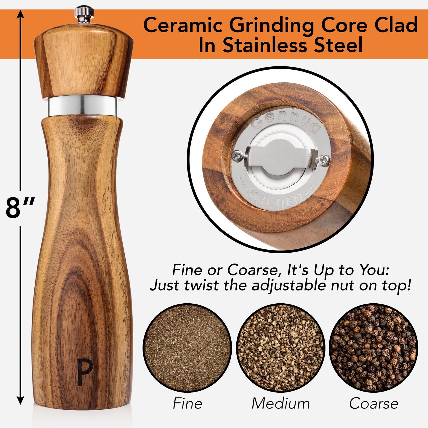 Wooden Salt and Pepper Grinder Set - Crafted of Solid Acacia Wood with Ceramic/Stainless Steel Core, 8 Inches Each