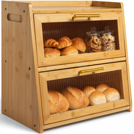 Bamboo Bread Box for Kitchen Countertop, Large Dual-Layer Breadbox Provides Double the Bread Storage Space