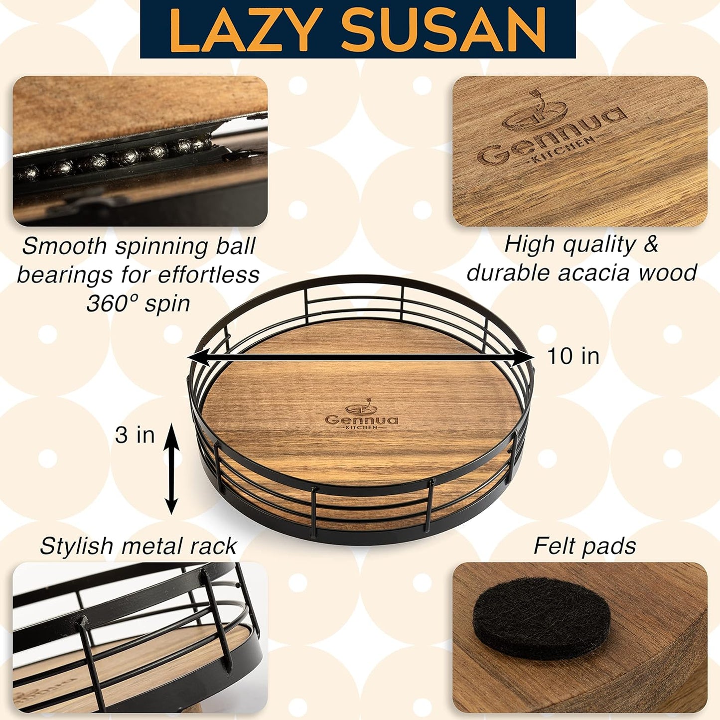 10” Acacia Wood Lazy Susan Turntable Organizer