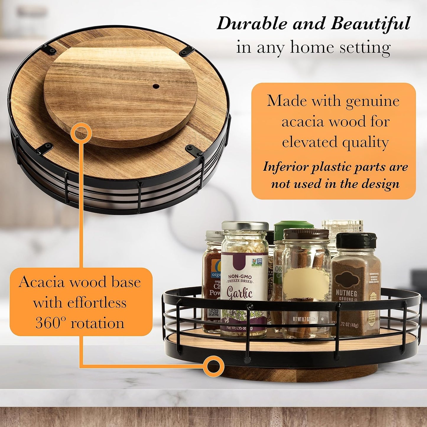 10” Acacia Wood Lazy Susan Turntable Organizer