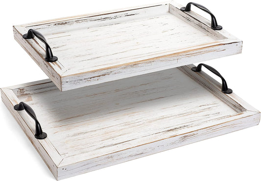 Rustic Wooden Serving Tray Set with Metal Handles