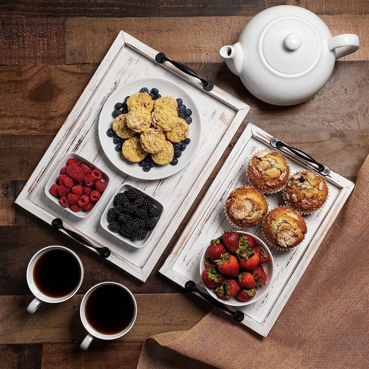 Rustic Wooden Serving Tray Set with Metal Handles