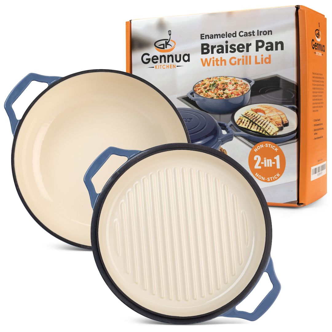 Braisers Cookware Cast Iron Braiser Pan with Grill Lid – Gennua Kitchen