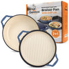 Cast iron braiser pan and grill lid styled in kitchen setting
