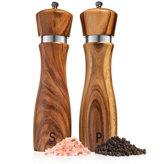 Wooden Salt and Pepper Grinder Set - Crafted of Solid Acacia Wood with Ceramic/Stainless Steel Core, 8 Inches Each