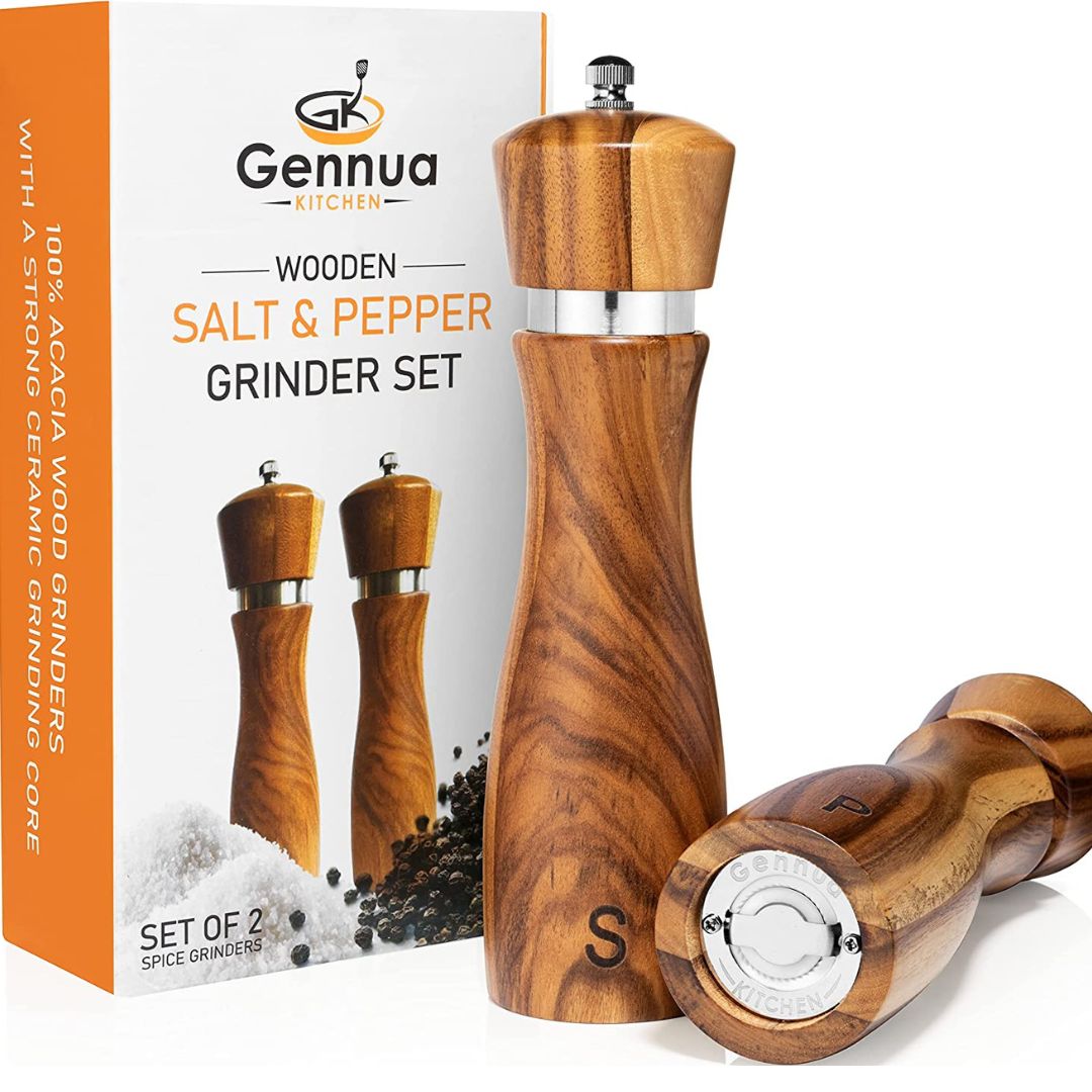 Wooden Salt and Pepper Grinder Set - Crafted of Solid Acacia Wood with –  Gennua Kitchen