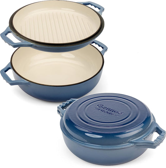 2-in-1 Enameled Cast Iron Braiser Pan with Grill Lid - 3.3-Quart